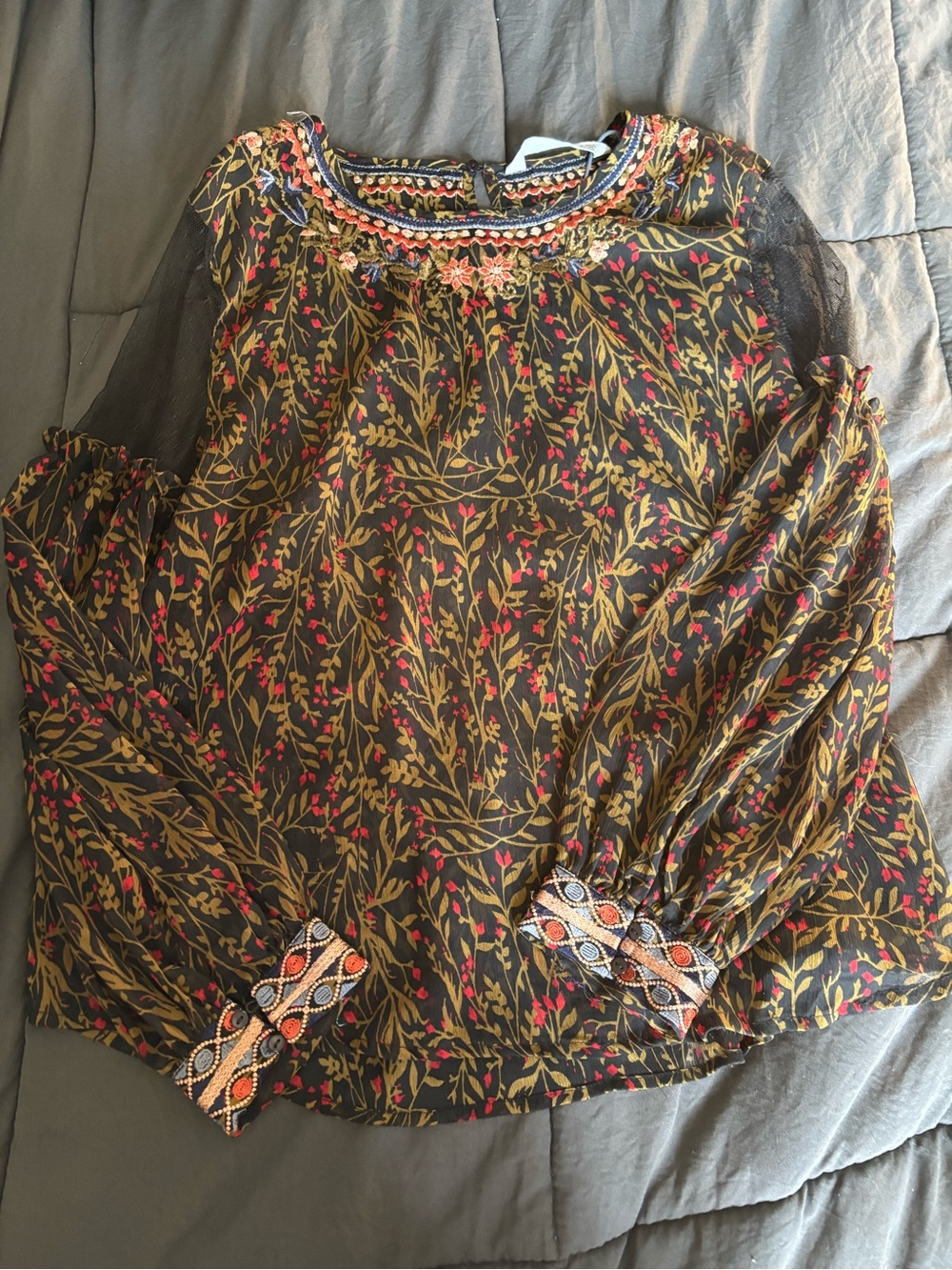 Zara Black Floral Long-Sleeve Blouse with Gold & Pink Embroidery